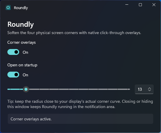 Roundly settings window showing corner overlays, startup, and radius controls.